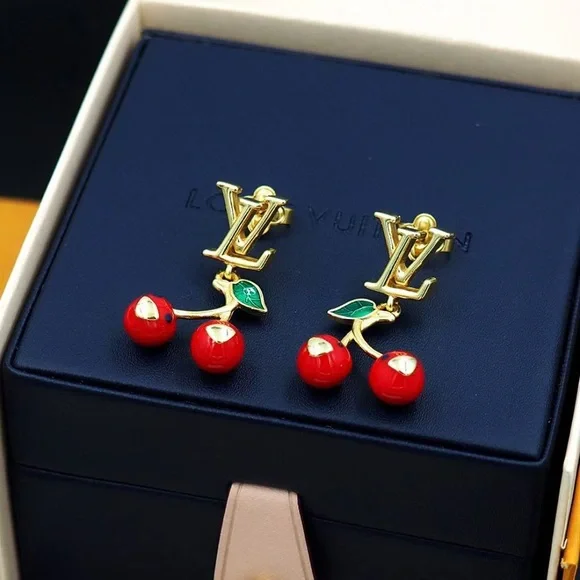 Louis Vuitton Gold Earrings with Red Cherries - Picture 5 of 9